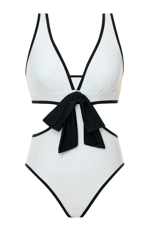 White Cut Out One-Piece Swimsuit with Bow sold by Zapaka