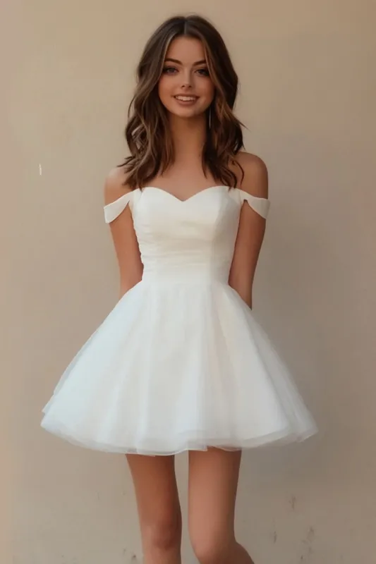 Off The Shoulder White Tulle A Line Graduation Dress sold by Zapaka