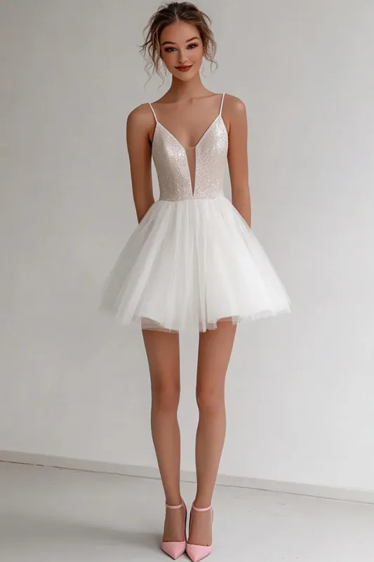Sparkly Ivory Tulle A Line Short Graduation Dress sold by Zapaka