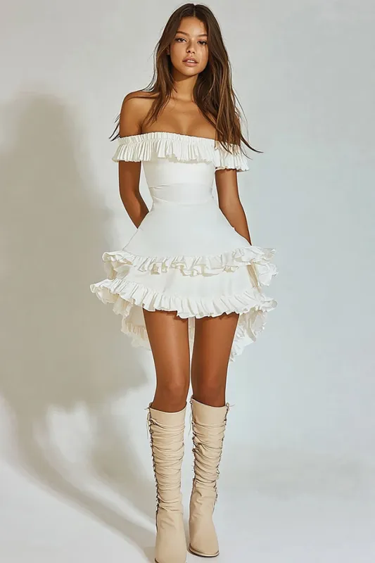 Ivory Off The Shoulder Short Graduation Dress with Ruffles sold by Zapaka