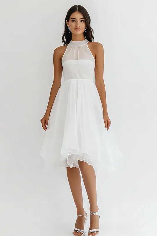 White High Neck Chiffon A Line Midi Graduation Dress sold by Zapaka