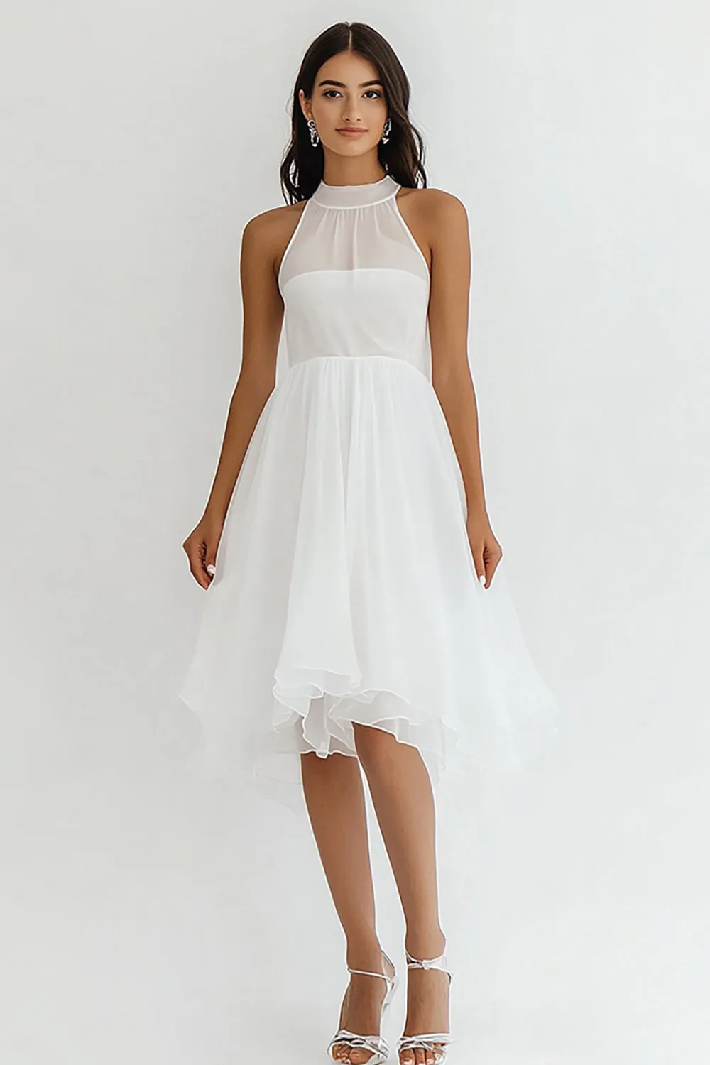White High Neck Chiffon A Line Midi Graduation Dress sold by Zapaka