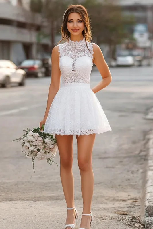 White Lace A Line High Neck Short Graduation Dress sold by Zapaka