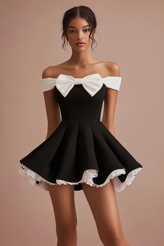 Black A Line Short Graduation Dress with Bow sold by Zapaka