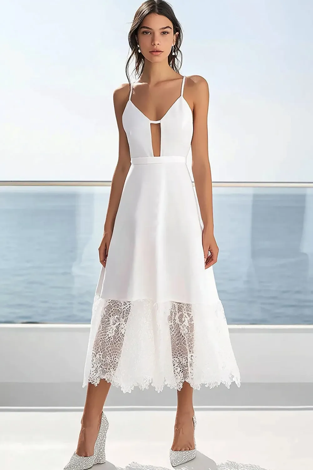 White Spaghetti Straps A Line Graduation Dress with Lace sold by Zapaka