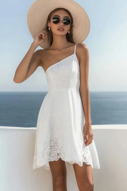 One Shoulder White A Line Lace Graduation Dress sold by Zapaka