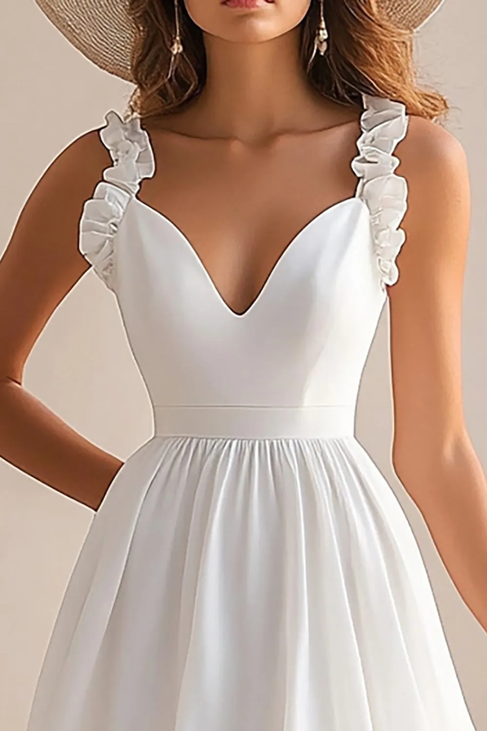 Ruffled A Line V Neck White Graduation Dress sold by Zapaka product image thumbnail 2