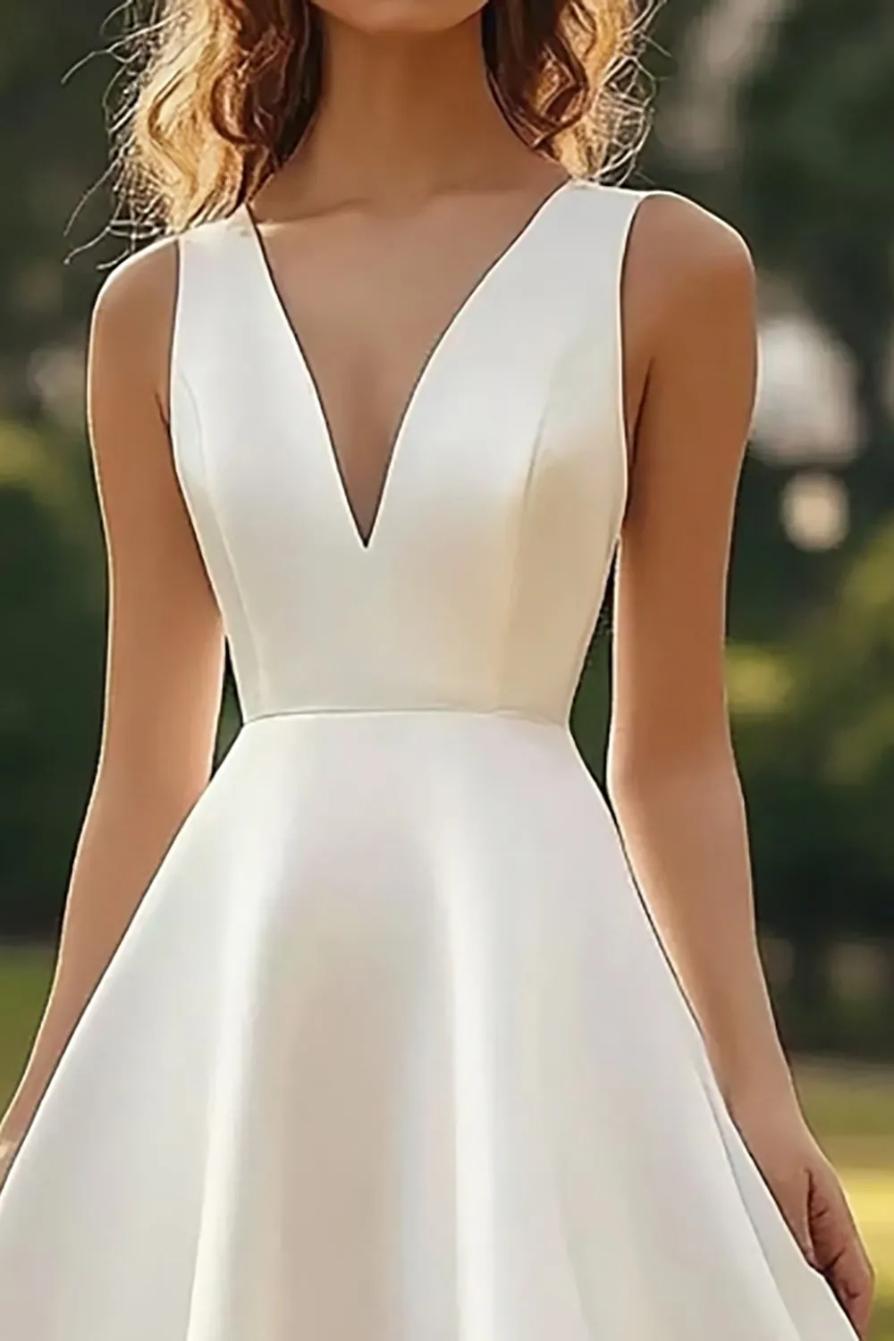 A Line V Neck White Satin Midi Graduation Dress sold by Zapaka product image thumbnail 2