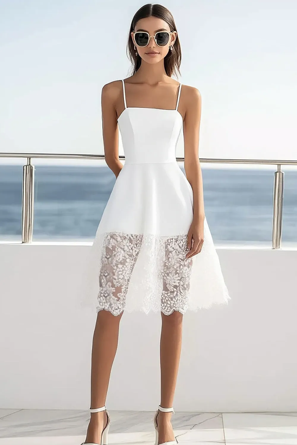 A Line Spaghetti Straps White Lace Graduation Dress sold by Zapaka