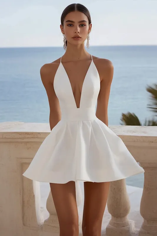 V Neck A Line White Sleeveless Graduation Dress made by Zapaka