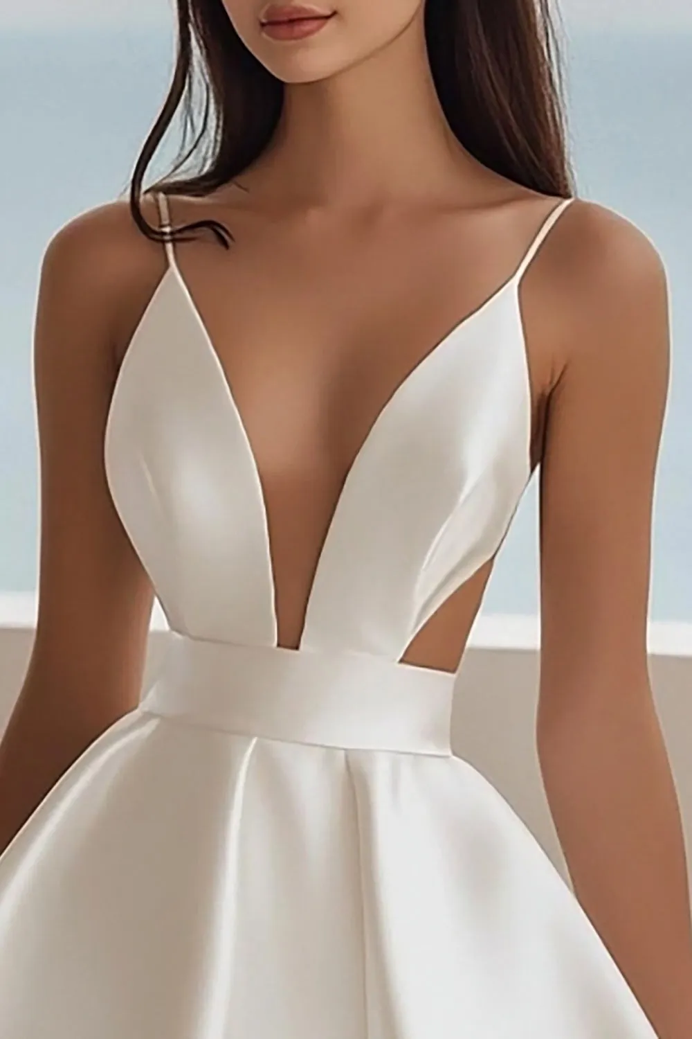 A Line White V Neck Satin Graduation Dress sold by Zapaka product image thumbnail 2