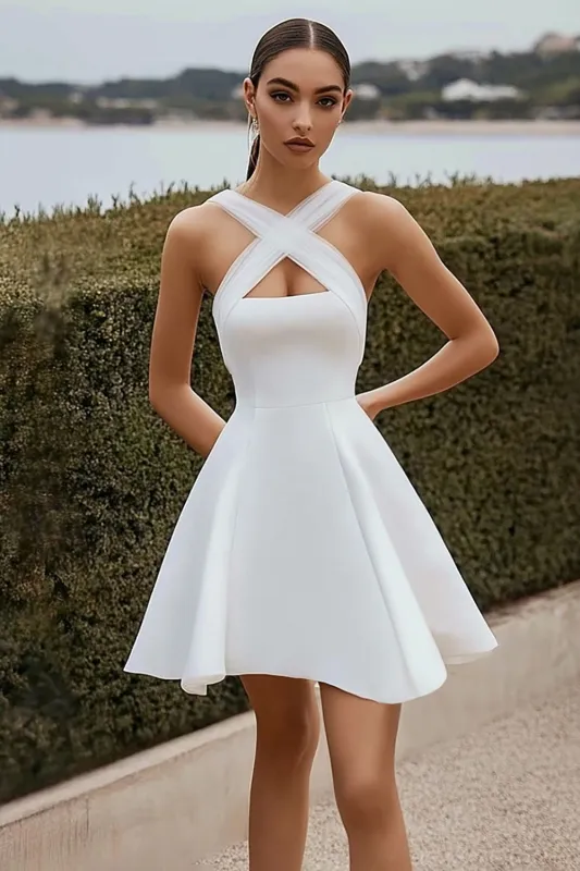 A Line White Criss Cross Straps Satin Graduation Dress sold by Zapaka