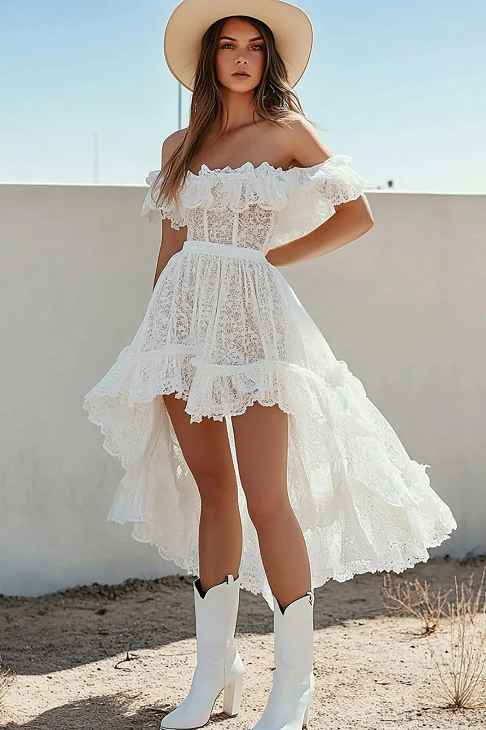 Lace Off the Shoulder White A Line High-Low Graduation Dress sold by Zapaka