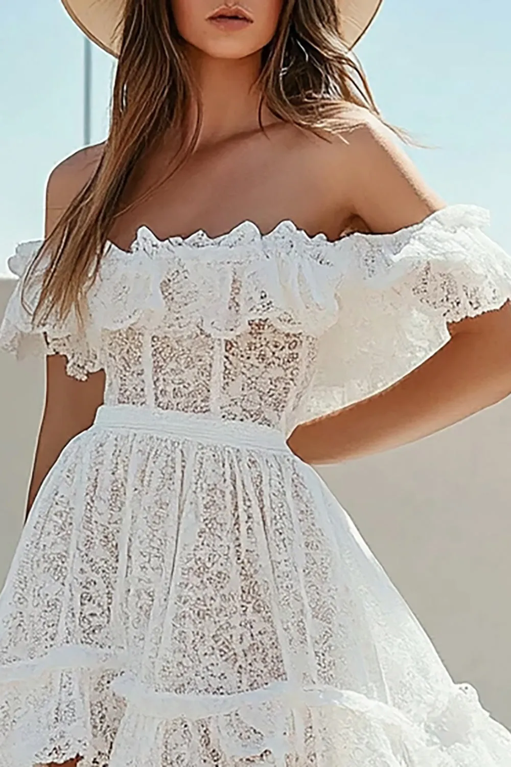 Lace Off the Shoulder White A Line High-Low Graduation Dress sold by Zapaka product image thumbnail 2