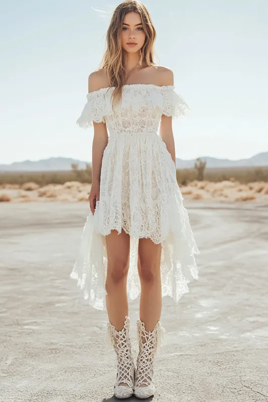 Lace Off the Shoulder White A Line Graduation Dress sold by Zapaka