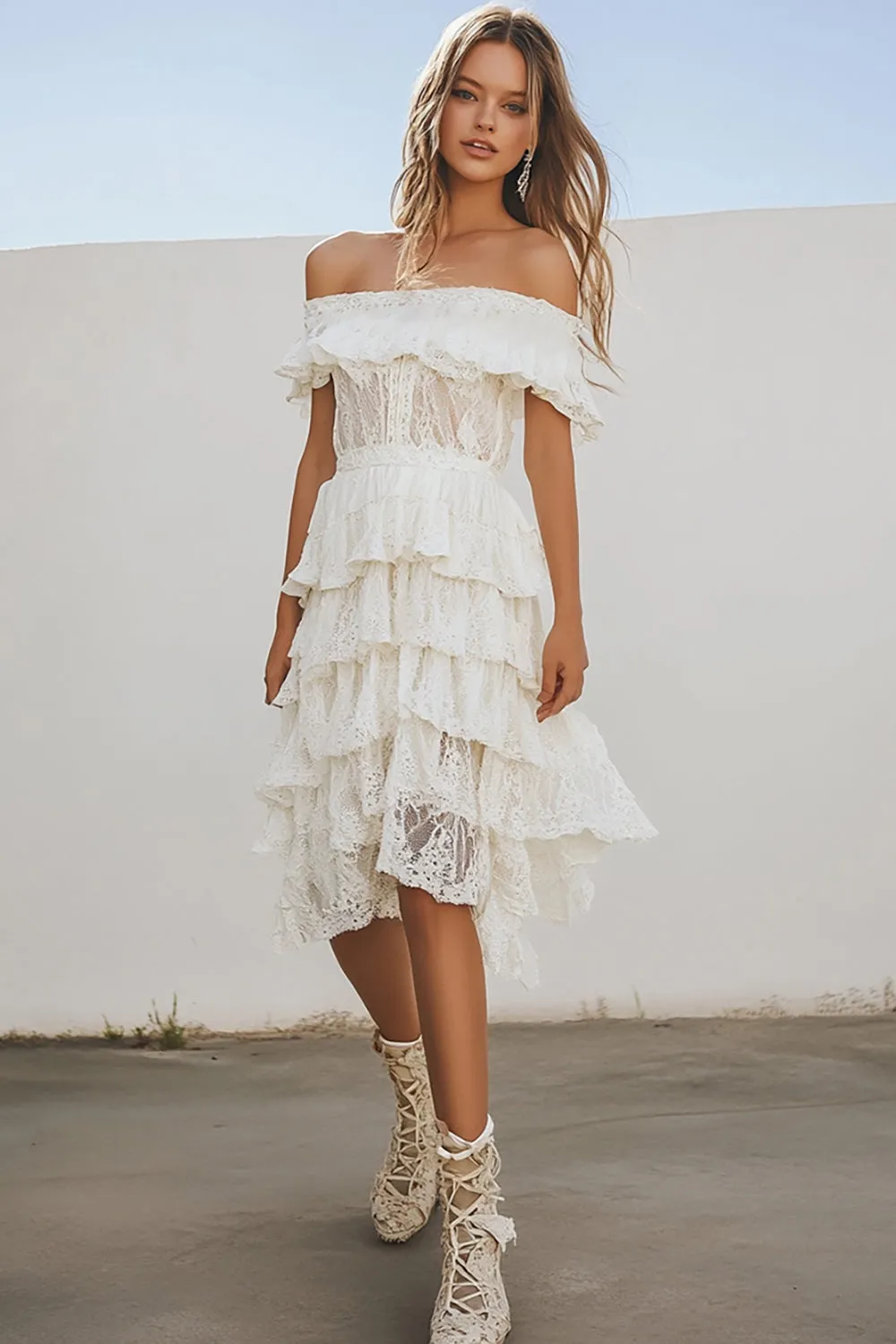 White Lace Tiered Off the Shoulder A Line Graduation Dress sold by Zapaka