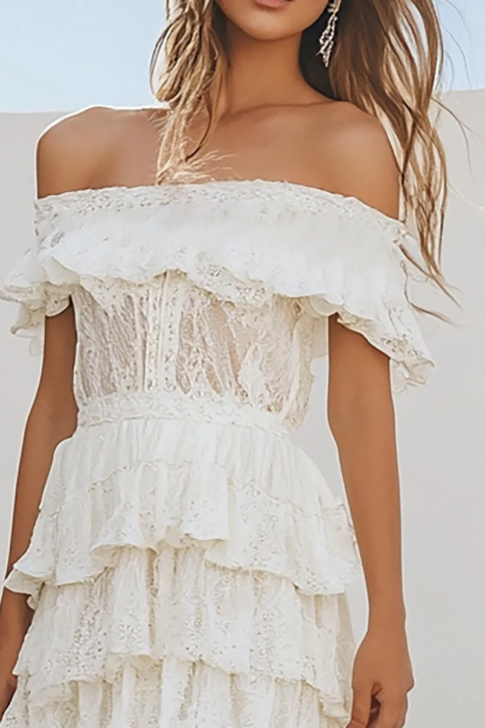 White Lace Tiered Off the Shoulder A Line Graduation Dress sold by Zapaka product image thumbnail 2