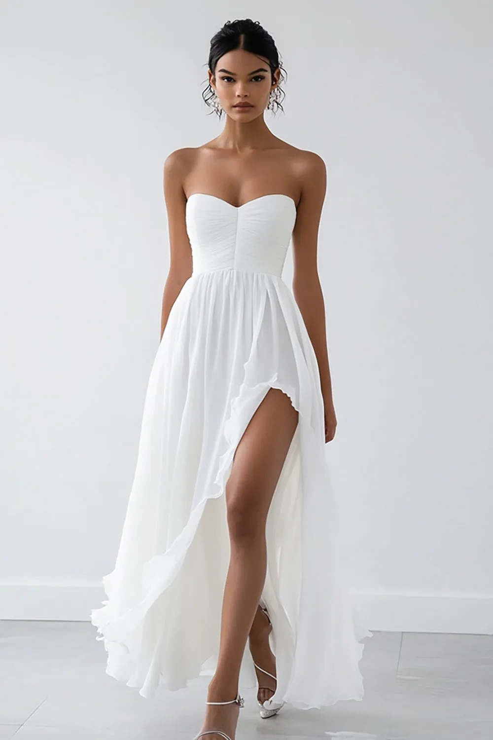 Strapless A Line White Graduation Dress With Slit sold by Zapaka