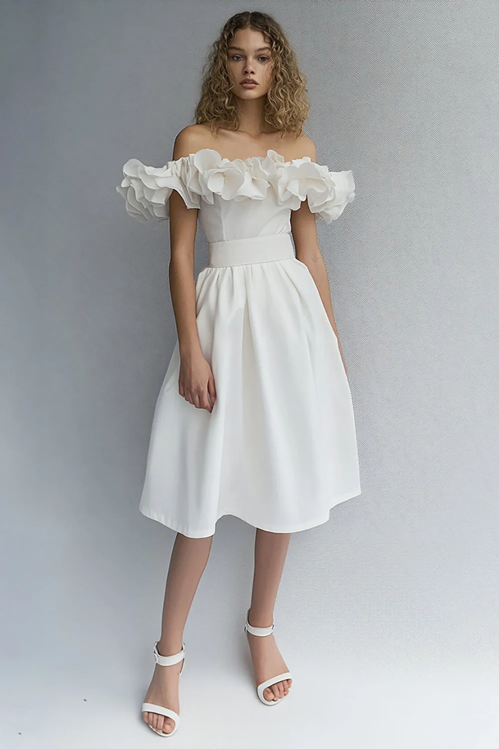 Off The Shoulder A Line Ruffled White Graduation Dress sold by Zapaka
