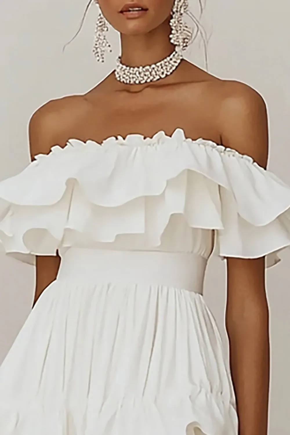 Off The Shoulder Ruffled A Line White Graduation Dress sold by Zapaka product image thumbnail 2