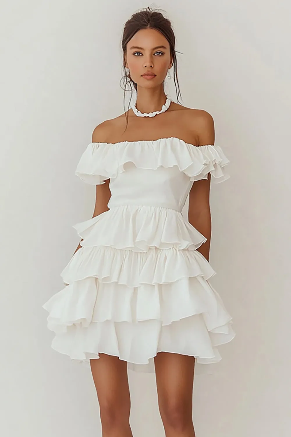Off The Shoulder Tiered A Line White Graduation Dress sold by Zapaka