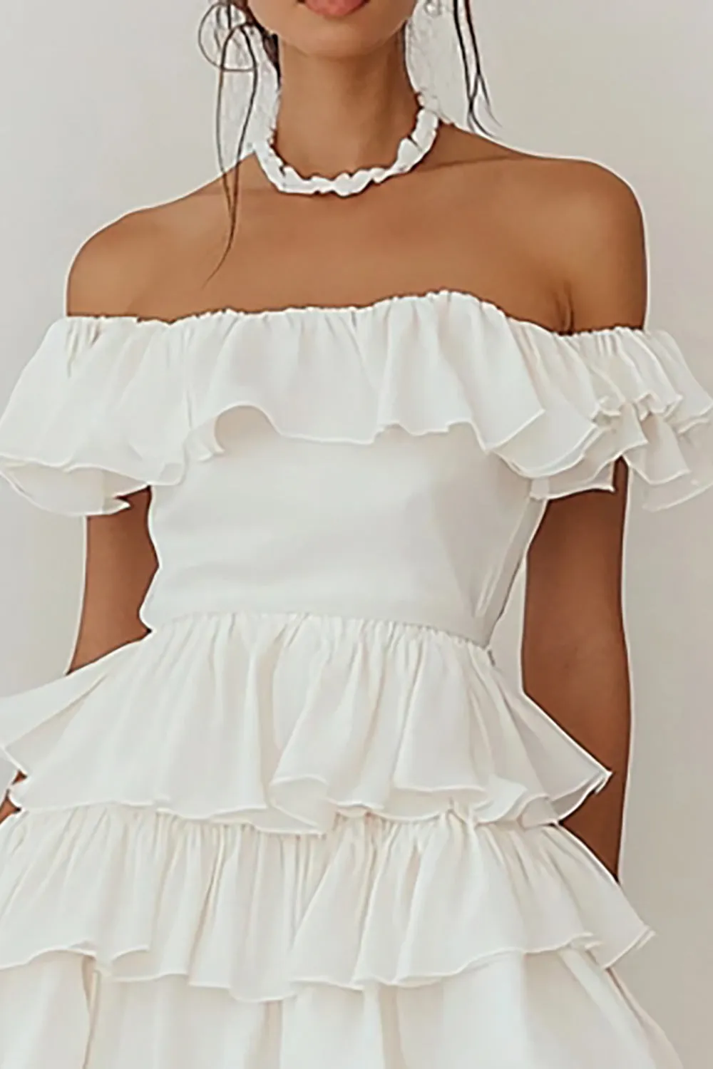 Off The Shoulder Tiered A Line White Graduation Dress sold by Zapaka product image thumbnail 2