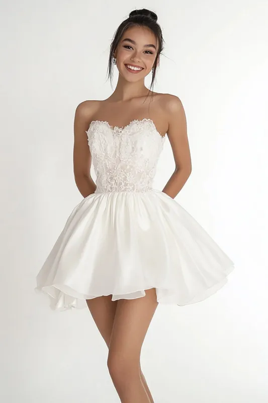 Strapless Lace Appliqued A Line White Graduation Dress sold by Zapaka