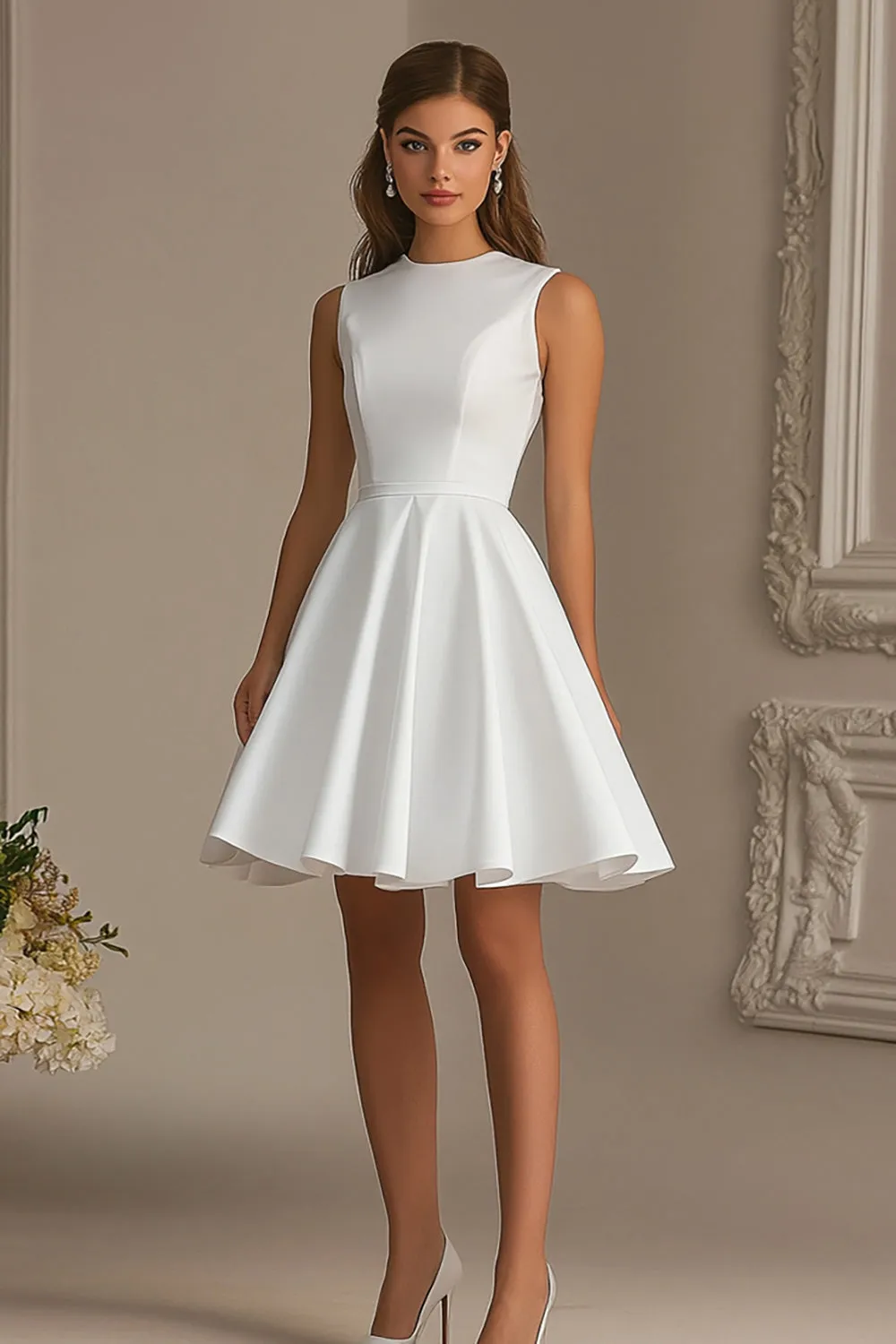 Satin A Line White Round Neck Graduation Dress sold by Zapaka