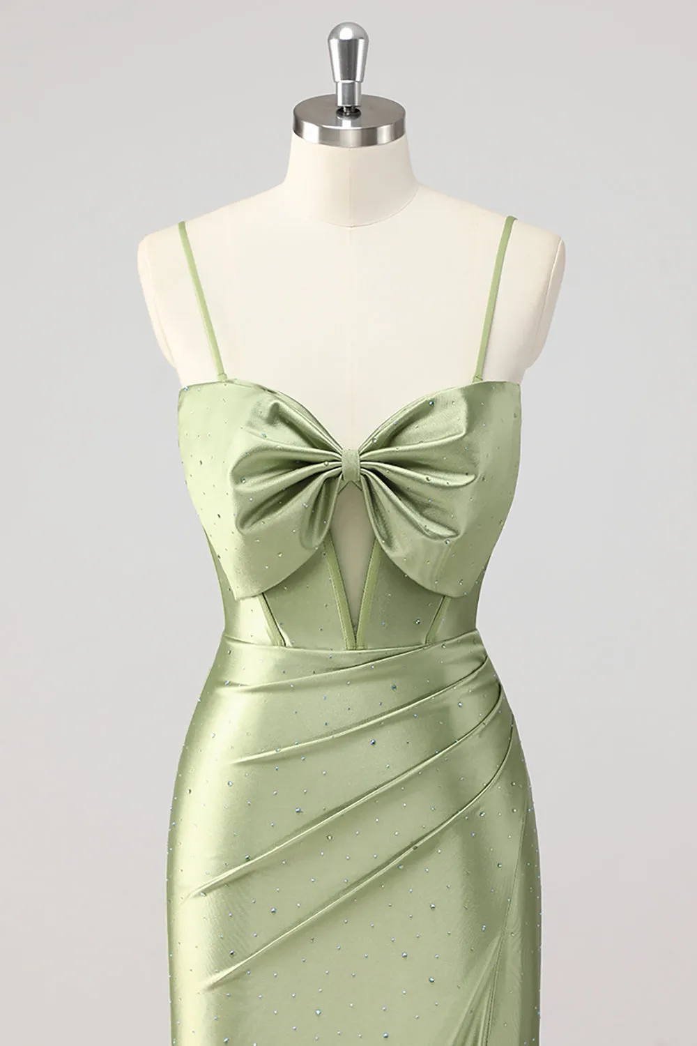 Green Mermaid Beaded Corset Bow Cut Out Satin Prom Dress with Slit sold by Zapaka product image thumbnail 4