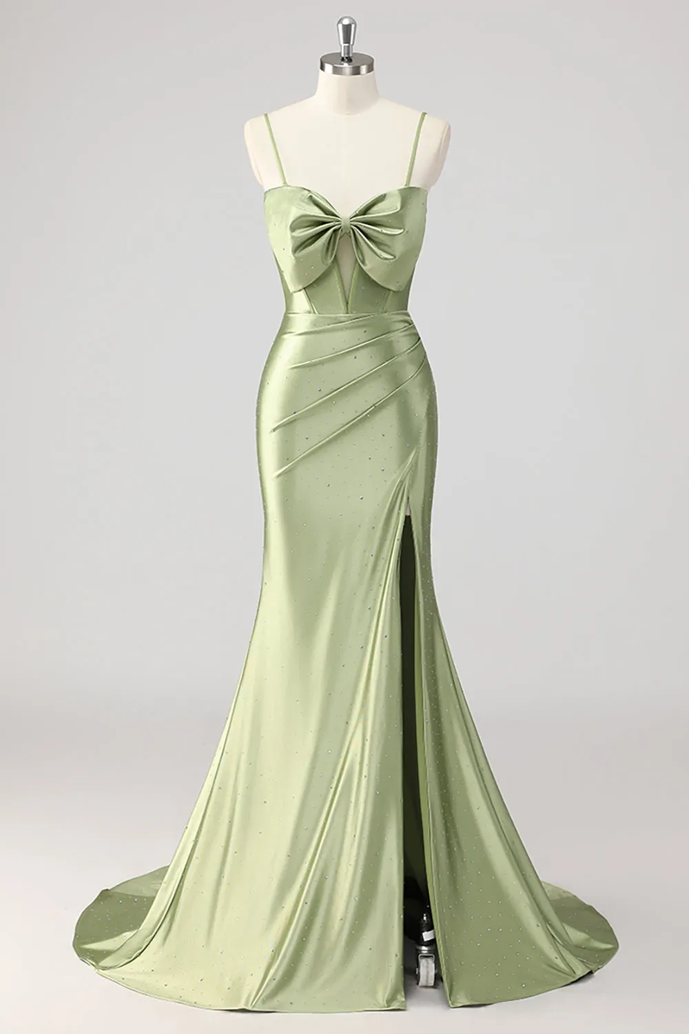 Green Mermaid Beaded Corset Bow Cut Out Satin Prom Dress with Slit sold by Zapaka