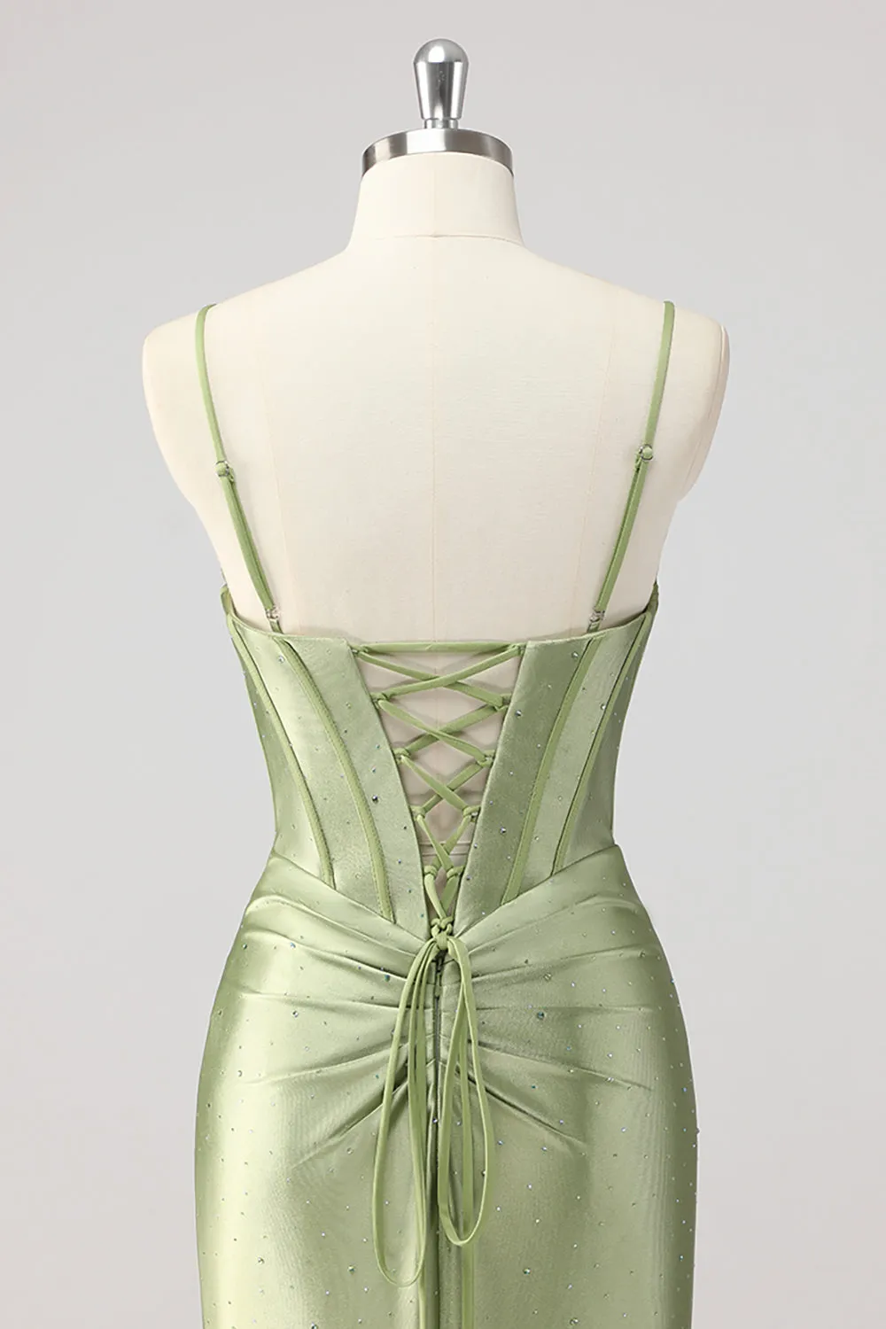 Green Mermaid Beaded Corset Bow Cut Out Satin Prom Dress with Slit sold by Zapaka product image thumbnail 5