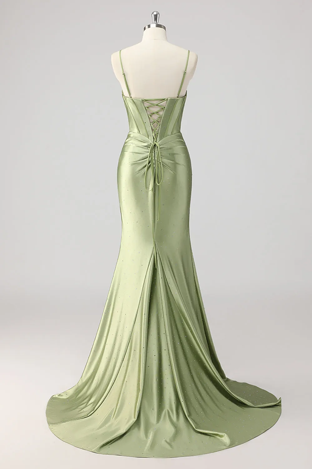Green Mermaid Beaded Corset Bow Cut Out Satin Prom Dress with Slit sold by Zapaka product image thumbnail 2