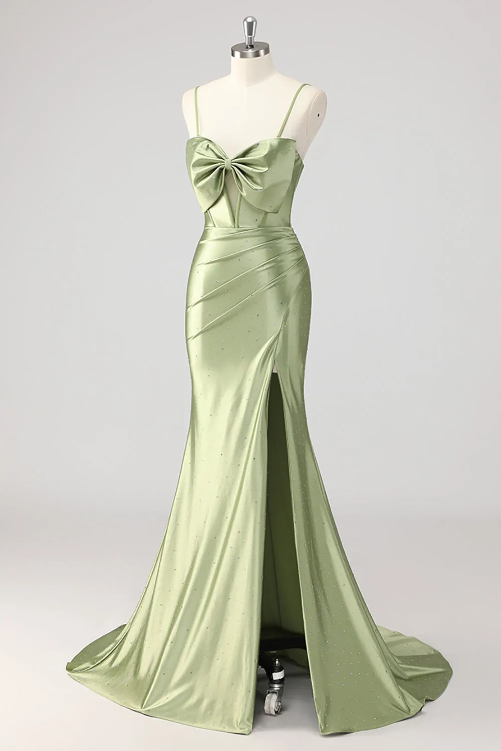 Green Mermaid Beaded Corset Bow Cut Out Satin Prom Dress with Slit sold by Zapaka product image thumbnail 3