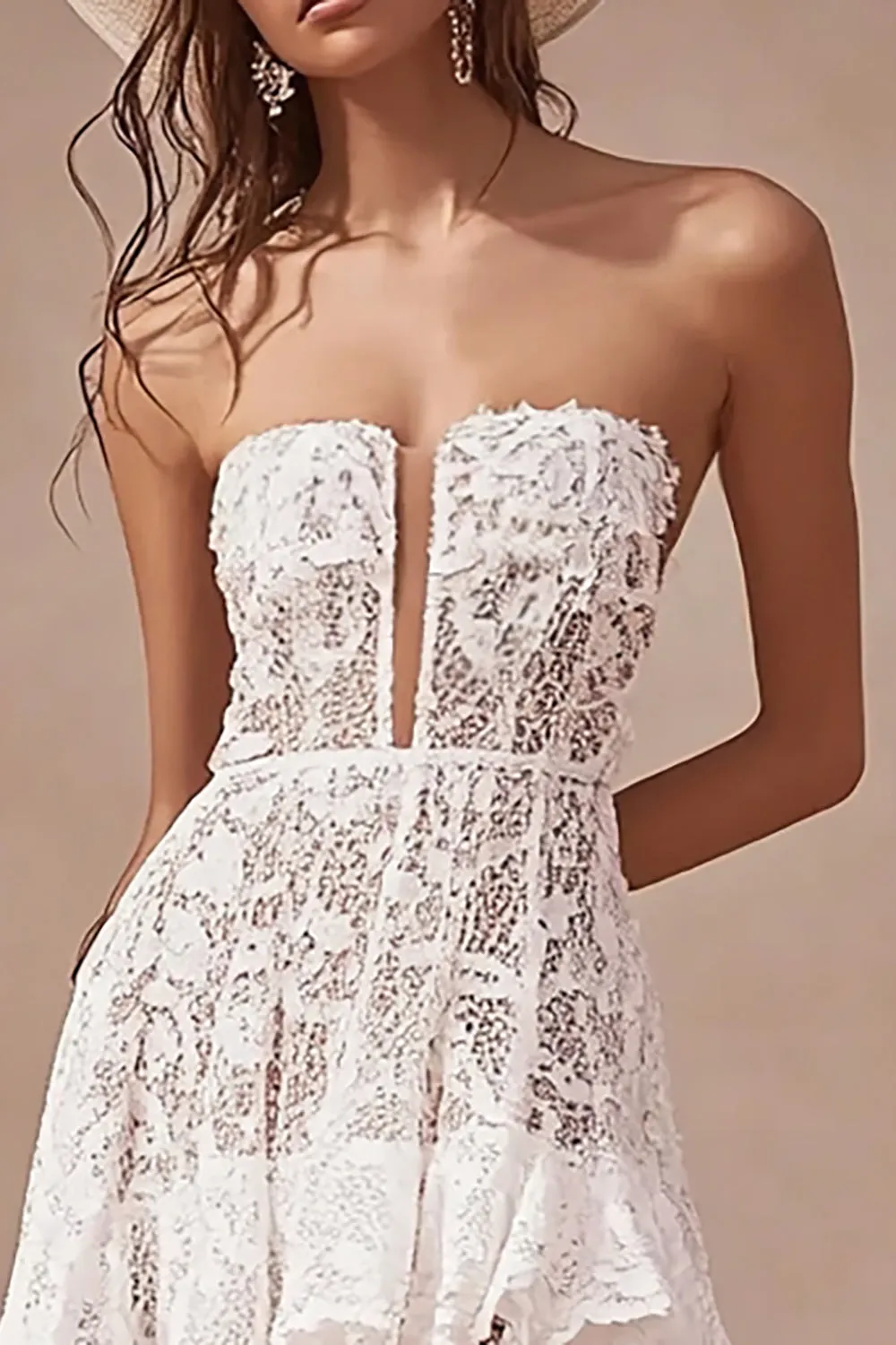 High-Low White A Line Lace Strapless Boho Wedding Dress sold by Zapaka product image thumbnail 2