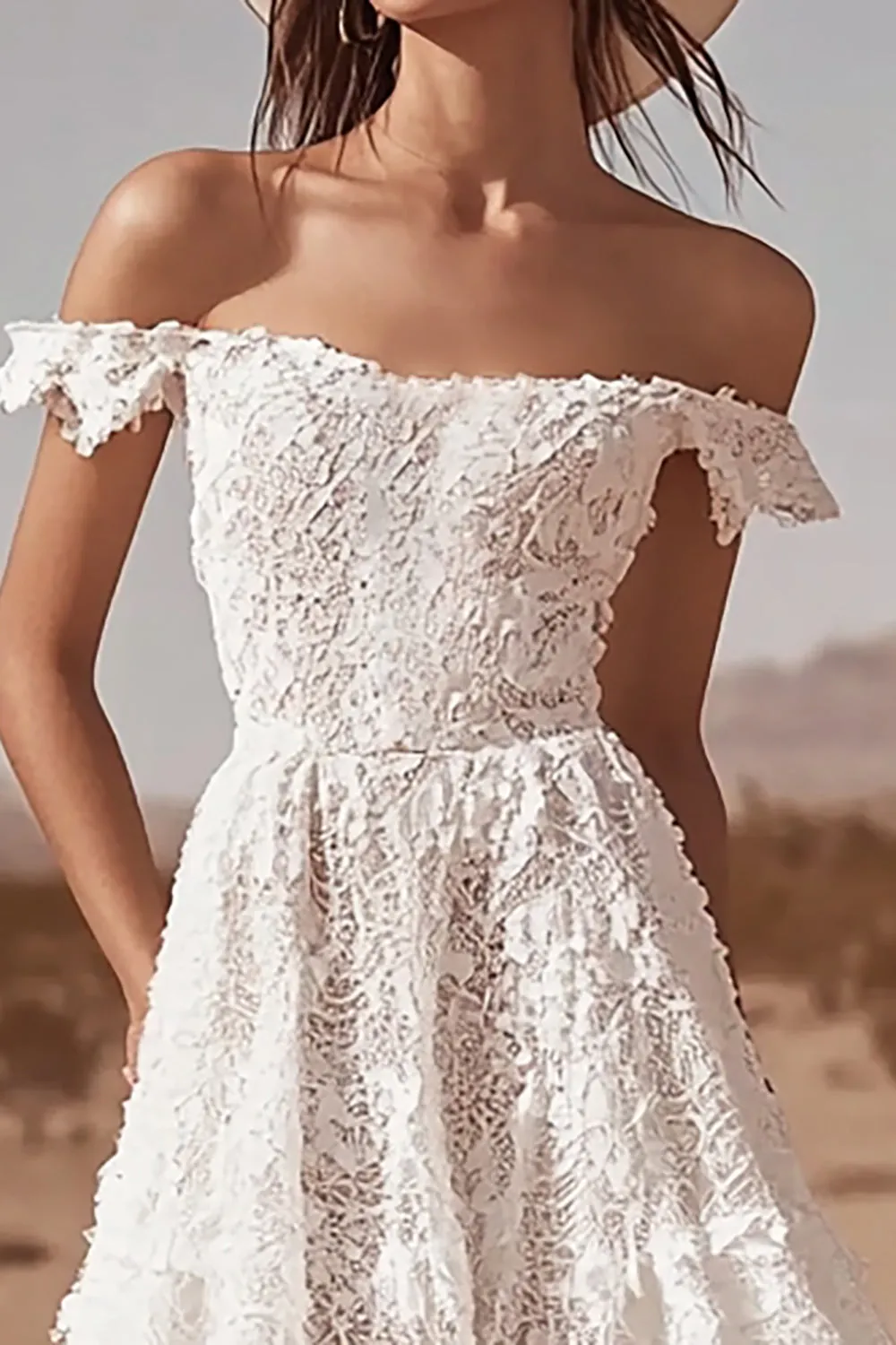 Off the Shoulder Lace High-Low White Boho Wedding Dress sold by Zapaka product image thumbnail 2