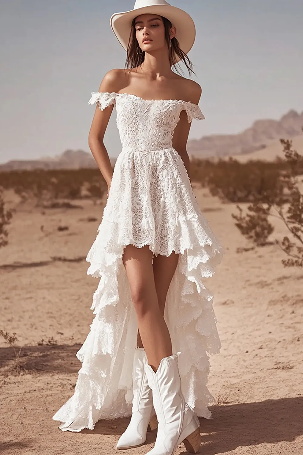 Off the Shoulder Lace High-Low White Boho Wedding Dress sold by Zapaka