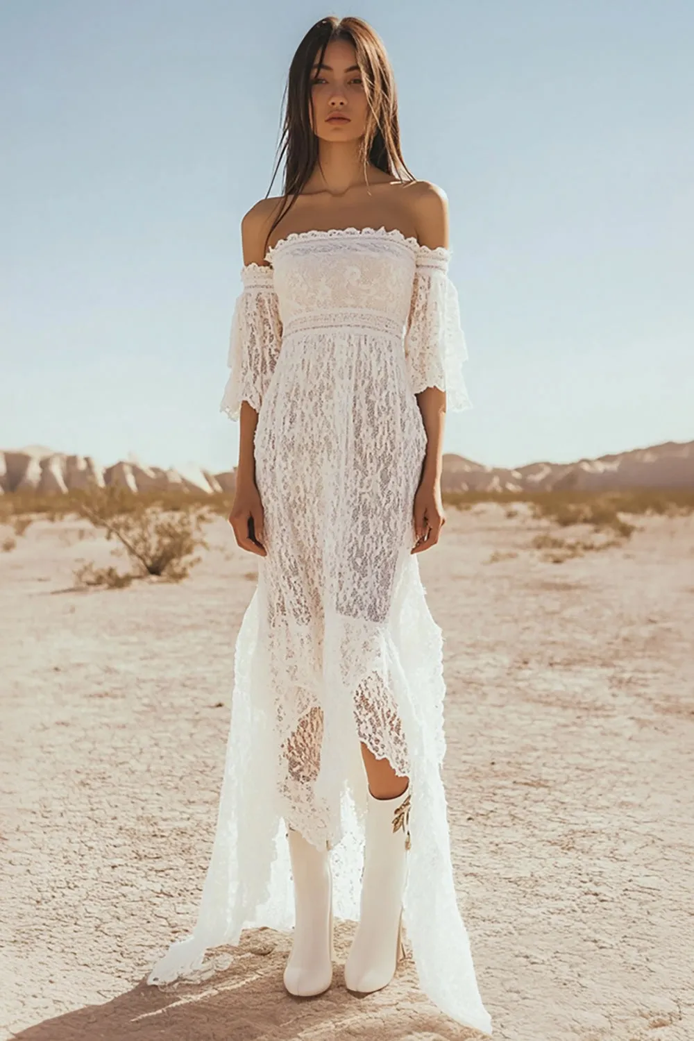 Mermaid White Lace Off the Shoulder Boho Wedding Dress sold by Zapaka