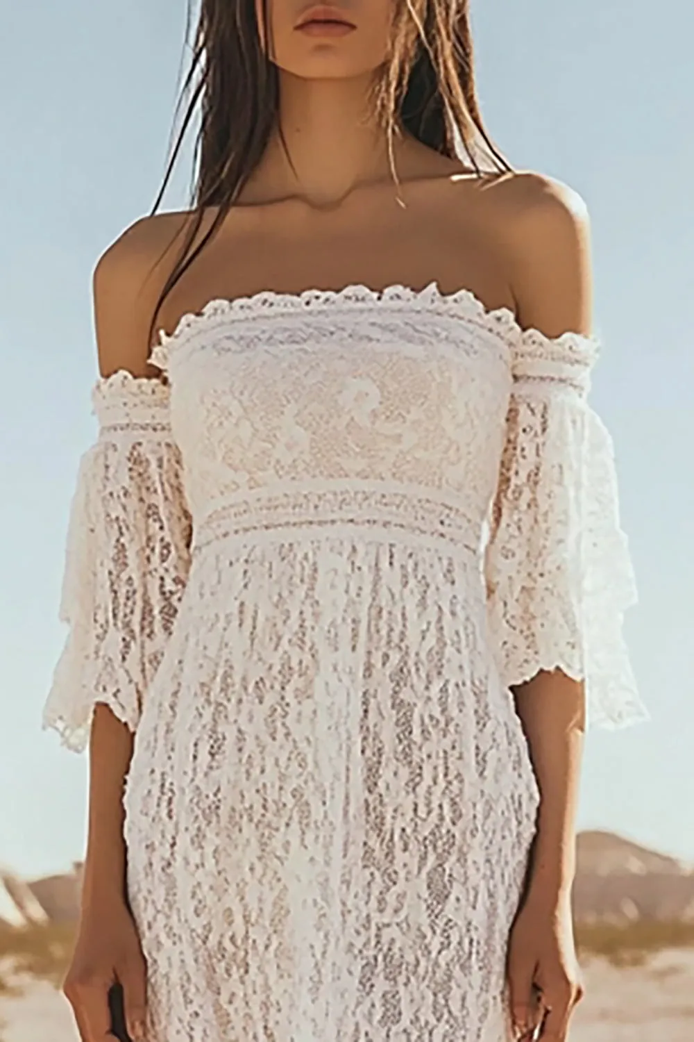 Mermaid White Lace Off the Shoulder Boho Wedding Dress sold by Zapaka product image thumbnail 2
