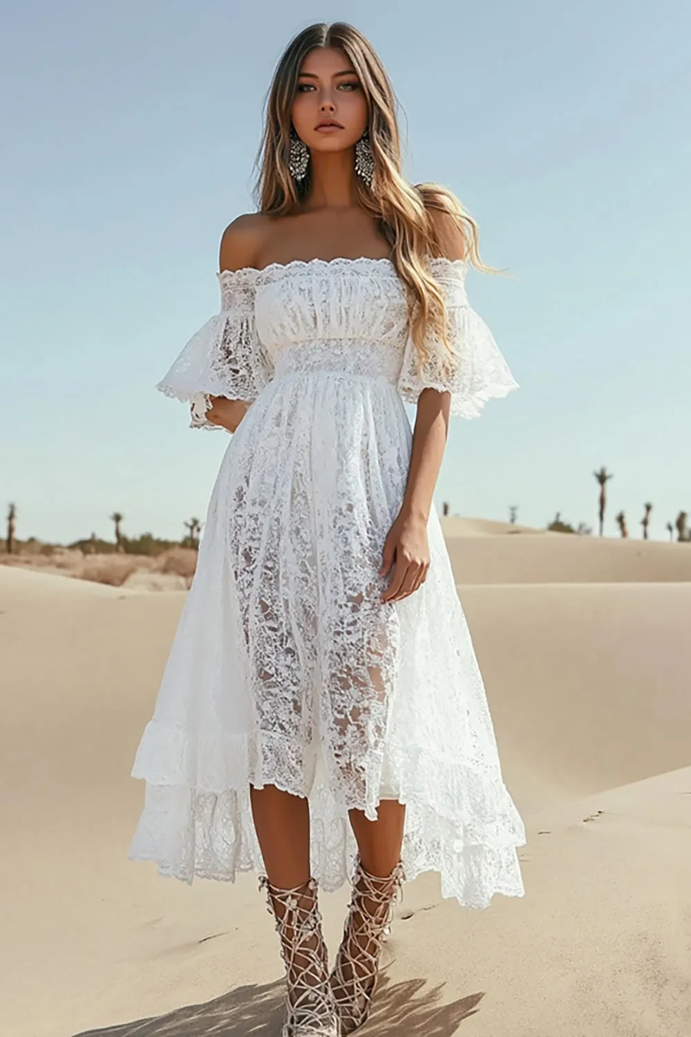 A Line Lace White Off the Shoulder Boho Wedding Dress sold by Zapaka