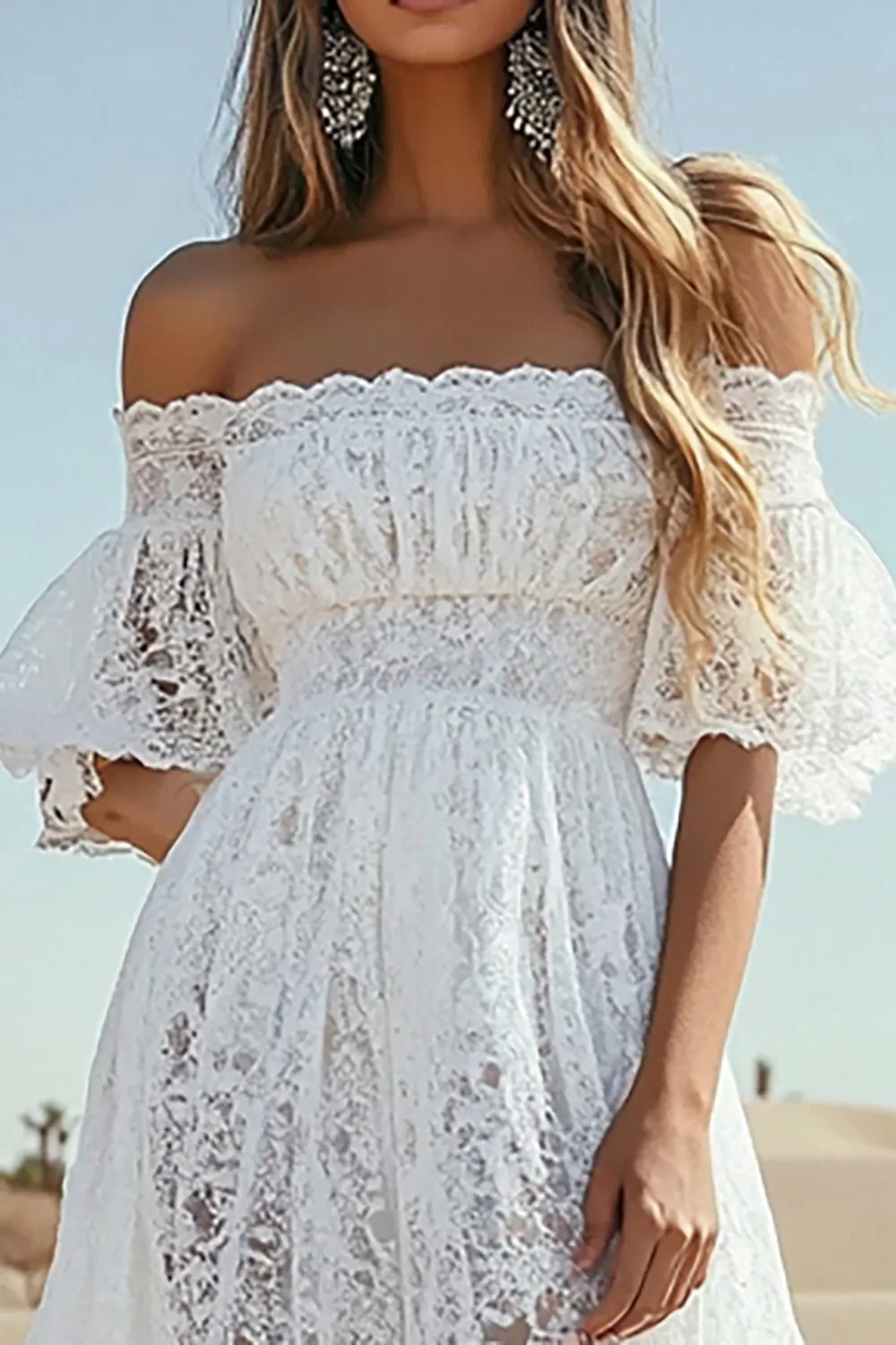A Line Lace White Off the Shoulder Boho Wedding Dress sold by Zapaka product image thumbnail 2