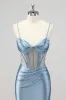 Mermaid Grey Blue Corset Beaded Prom Dress with Slit sold by Zapaka