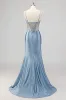 Mermaid Grey Blue Corset Beaded Prom Dress with Slit sold by Zapaka