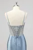 Mermaid Grey Blue Corset Beaded Prom Dress with Slit sold by Zapaka