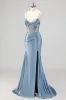 Mermaid Grey Blue Corset Beaded Prom Dress with Slit sold by Zapaka