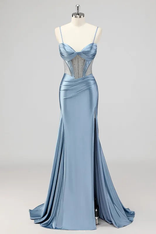 Mermaid Grey Blue Corset Beaded Prom Dress with Slit sold by Zapaka
