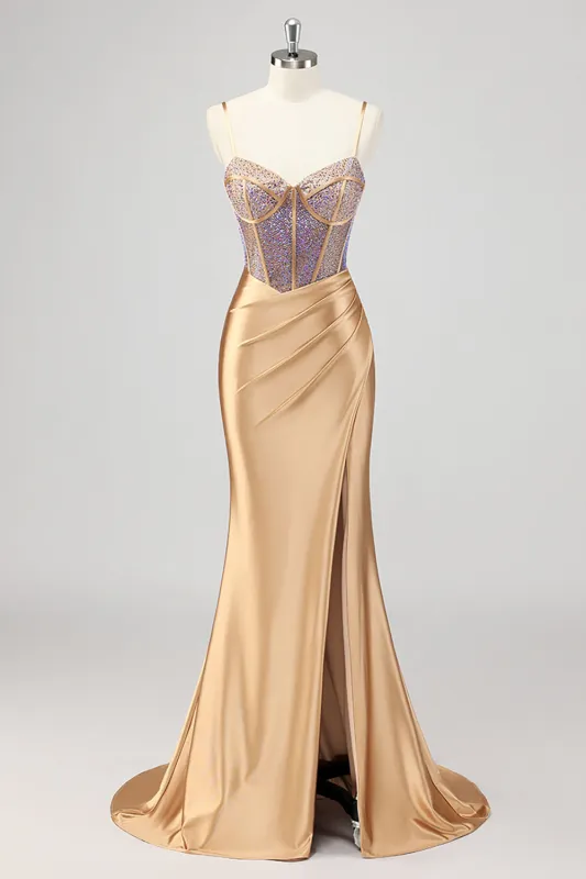 Mermaid Corset Gold Beaded Prom Dress with Slit sold by Zapaka