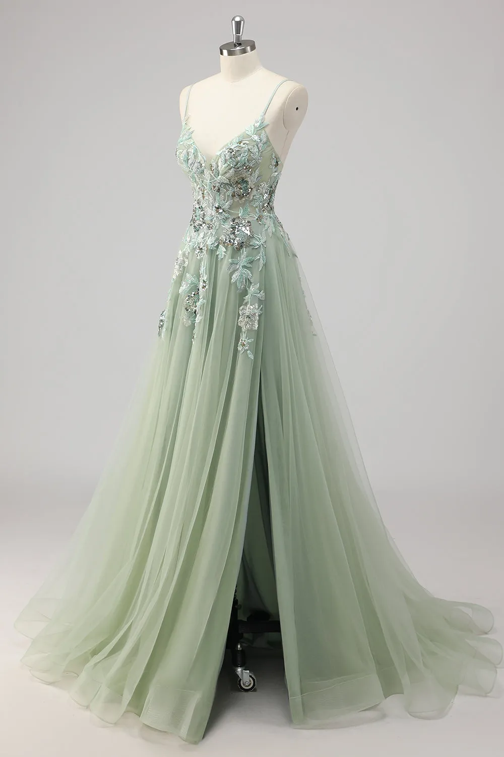 Green Sequin A Line Appliqued Prom Dress with Slit sold by Zapaka product image thumbnail 3