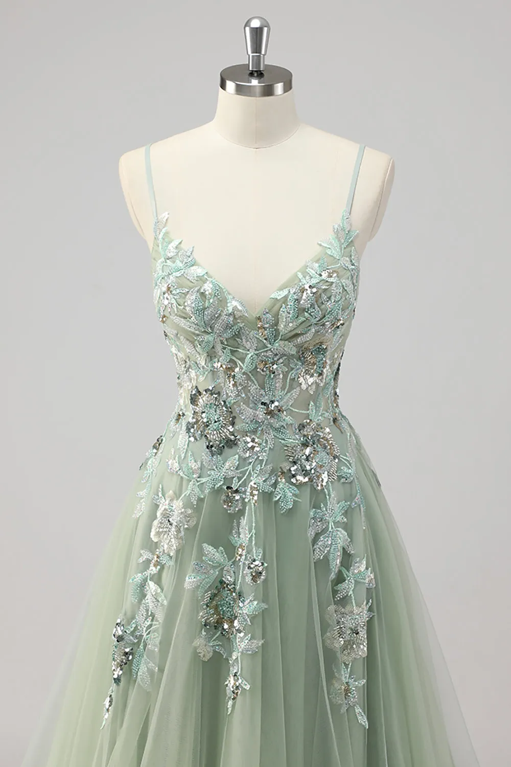 Green Sequin A Line Appliqued Prom Dress with Slit sold by Zapaka product image thumbnail 4