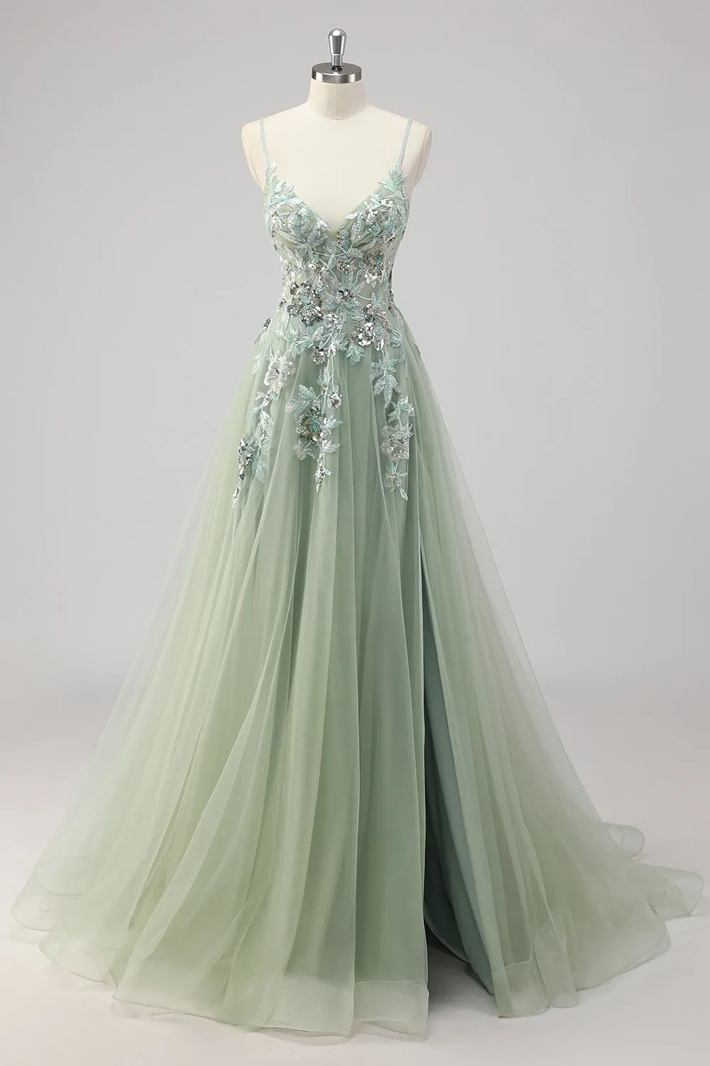 Green Sequin A Line Appliqued Prom Dress with Slit sold by Zapaka