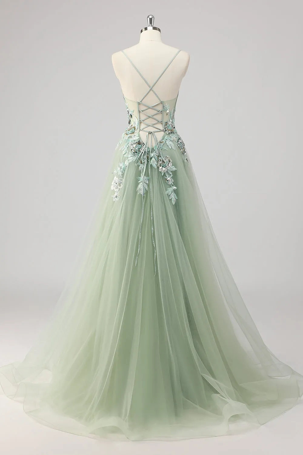 Green Sequin A Line Appliqued Prom Dress with Slit sold by Zapaka product image thumbnail 2